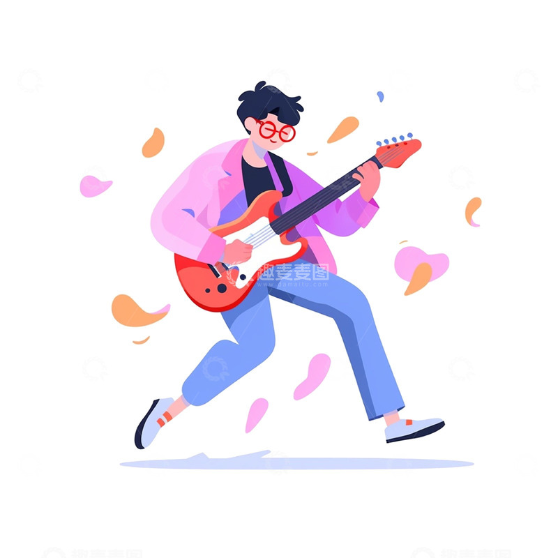 高清大图下载【趣麦麦图】卡通扁平吉他男孩
