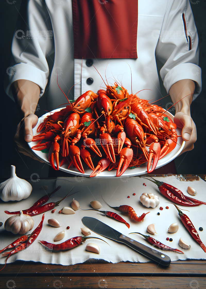 高清大图下载【趣麦麦图】端着一盘麻辣小龙虾的厨师AI摄影图