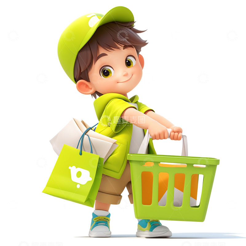 高清大图下载【趣麦麦图】卡通绿色购物男孩