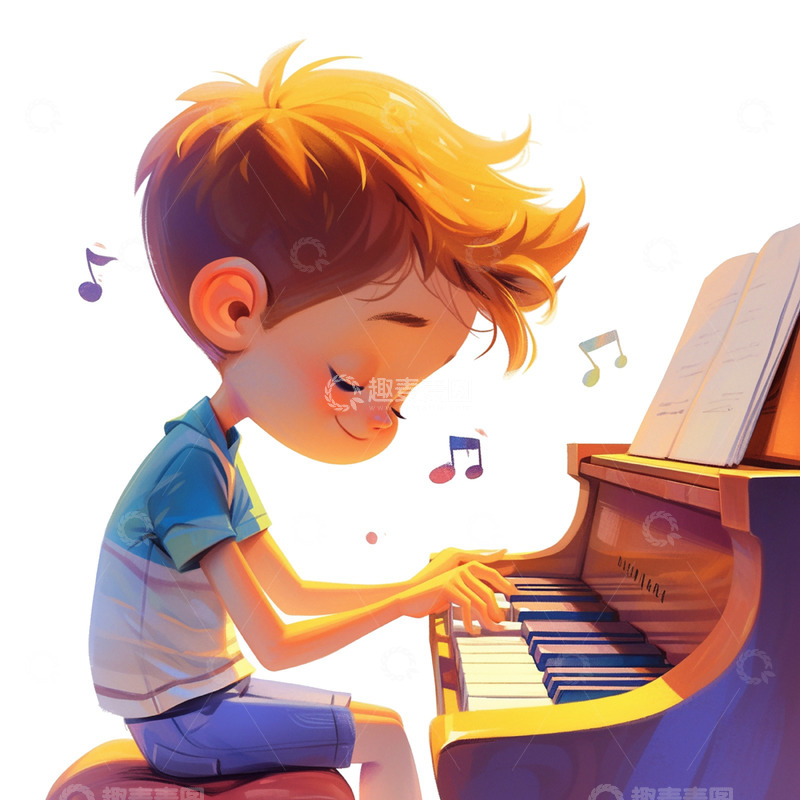 高清大图下载【趣麦麦图】卡通弹钢琴男孩