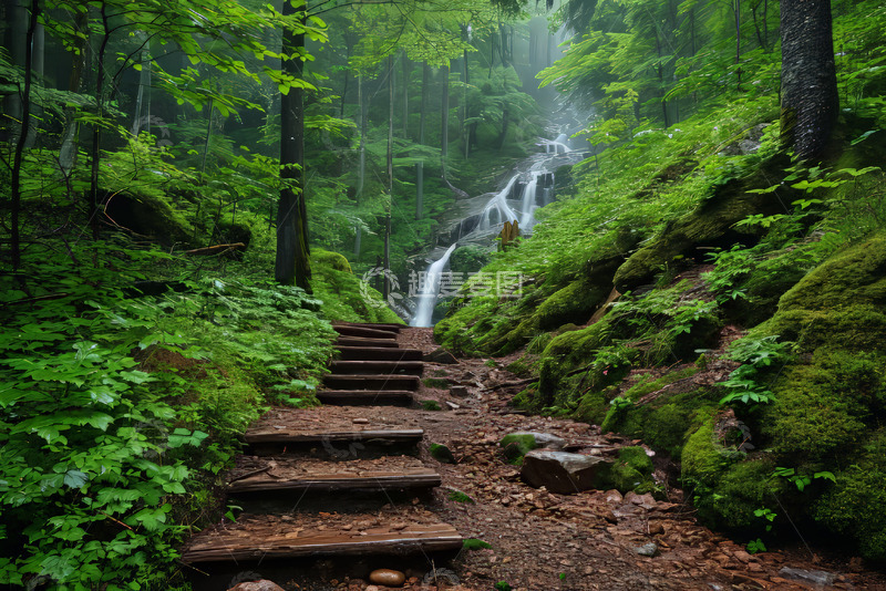 高清大图下载【趣麦麦图】林荫小路里的瀑布