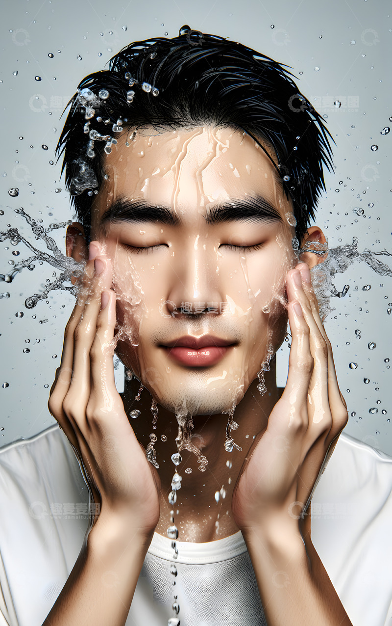 高清大图下载【趣麦麦图】-用水洗脸的男士模特AI摄影图