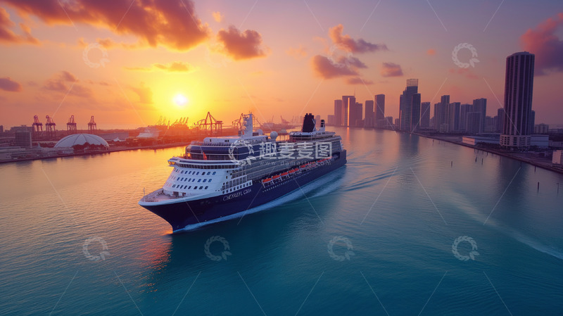 高清大图下载【趣麦麦图】海面轮船夕阳摄影
