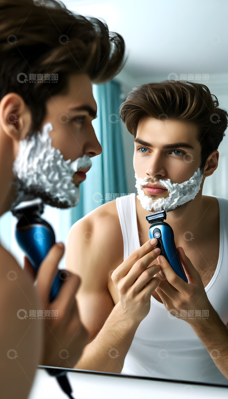 高清大图下载【趣麦麦图】镜子前刮胡子的男士AI摄影图