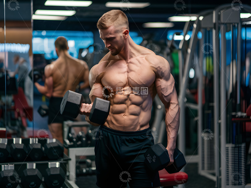 高清大图下载【趣麦麦图】在健身房用哑铃锻炼的男人AI摄影图