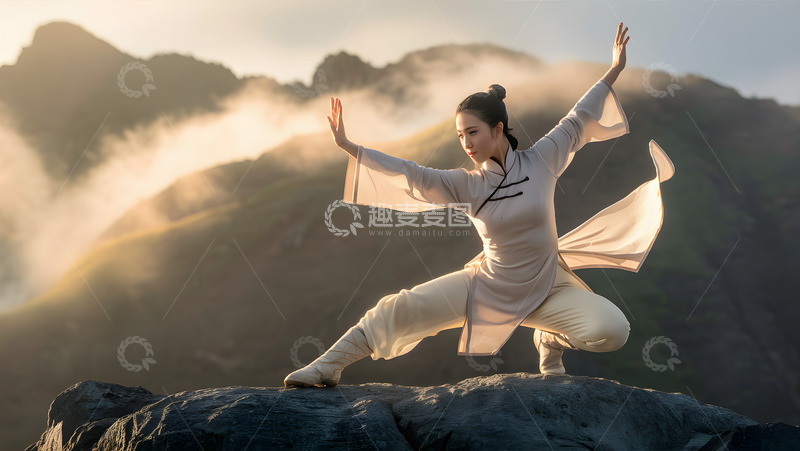 高清大图下载【趣麦麦图】在山颠上练太极的女人AI摄影图