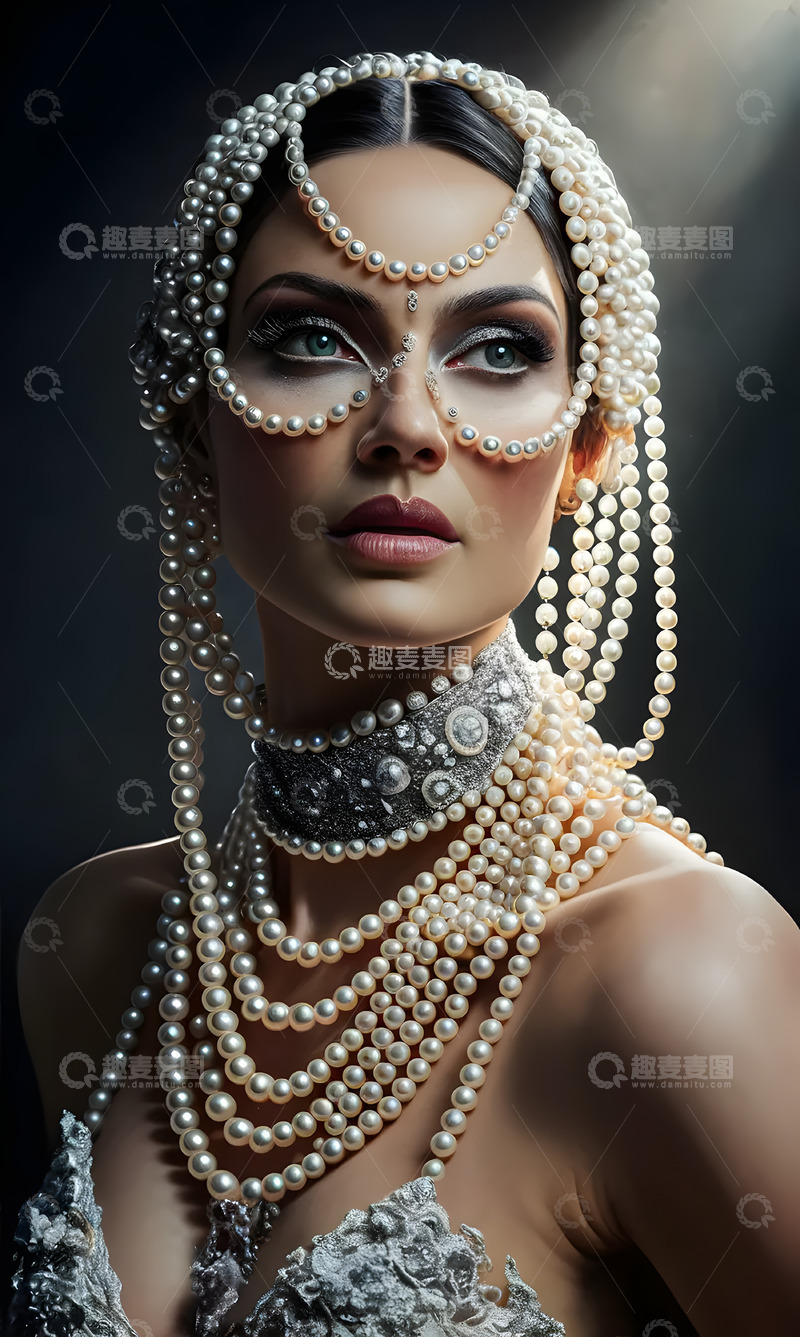 高清大图下载【趣麦麦图】披珍珠链子的女模特AI摄影
