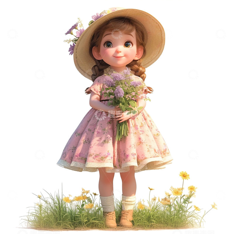 高清大图下载【趣麦麦图】一个拿着花束穿花裙子的女孩