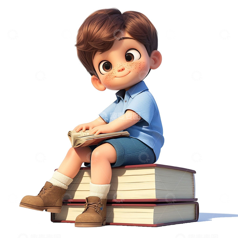 高清大图下载【趣麦麦图】坐在书本上的男孩