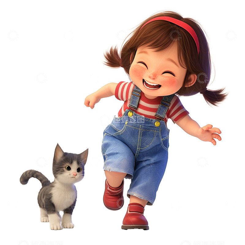 高清大图下载【趣麦麦图】卡通可爱女孩和小猫
