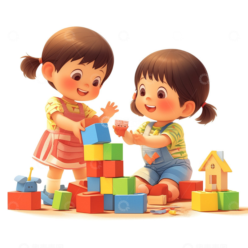 高清大图下载【趣麦麦图】卡通可爱搭积木女孩