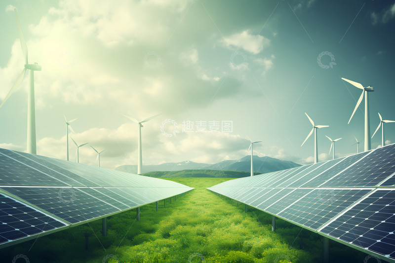 高清大图下载【趣麦麦图】可再生能源背景风力涡轮机太阳能电池板