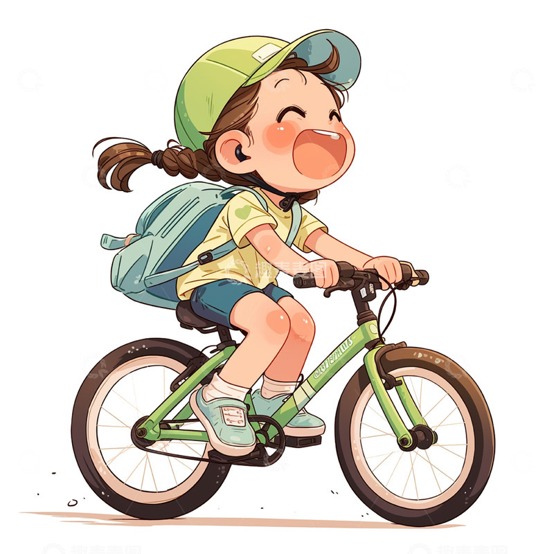 高清大图下载【趣麦麦图】卡通绿色骑自行车女孩
