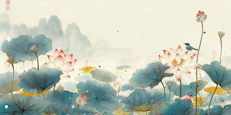 高清大图下载【趣麦麦图】水墨风荷花山水背景