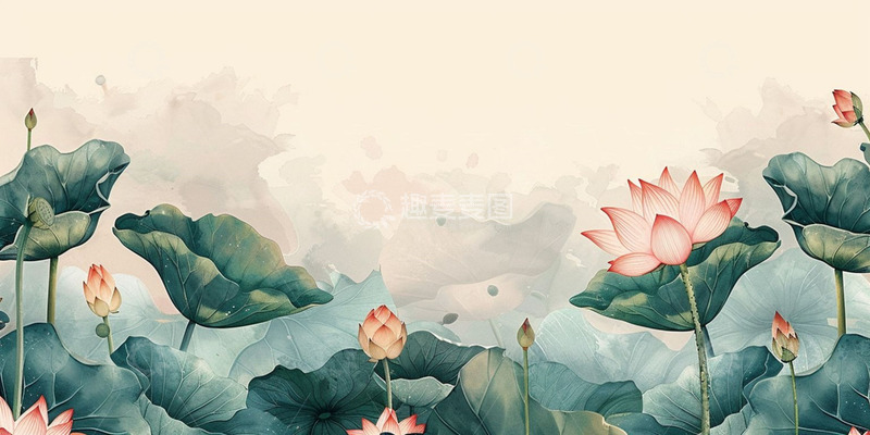 高清大图下载【趣麦麦图】古风荷花荷叶水墨背景
