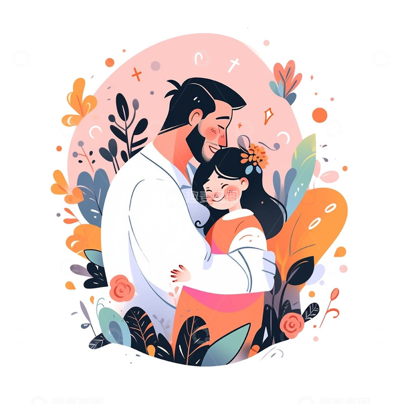 高清大图下载【趣麦麦图】卡通花草父女人物