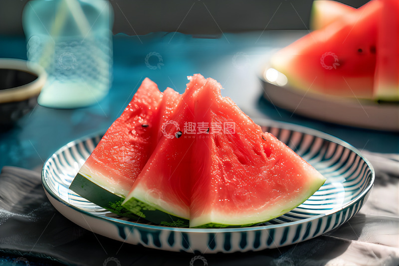 高清大图下载【趣麦麦图】西瓜摄影在盆里木桌上切开的西瓜片水果摄影