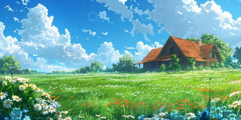 高清大图下载【趣麦麦图】卡通春天草坪蓝天美景