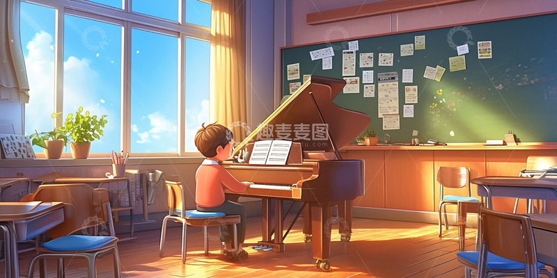 高清大图下载【趣麦麦图】卡通教室钢琴男孩
