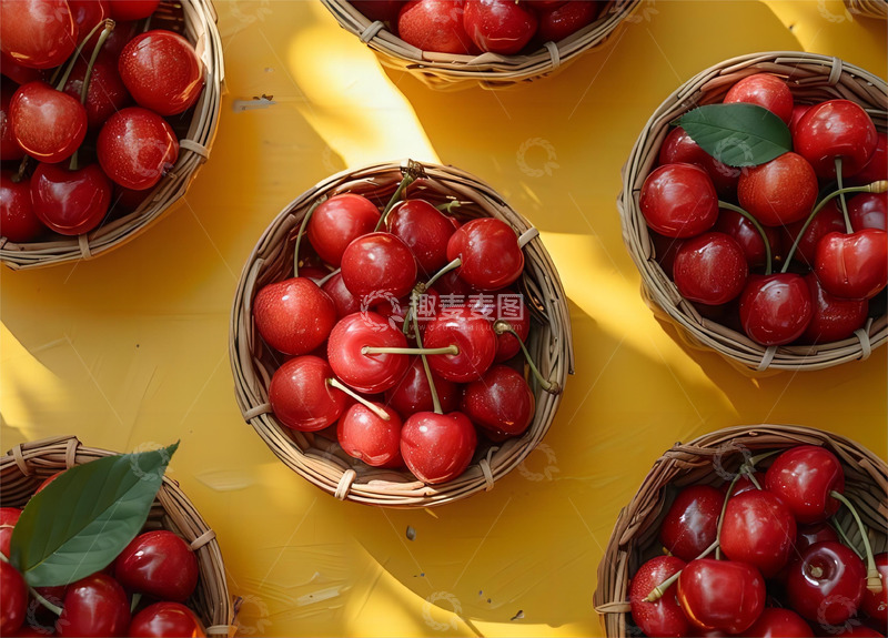 高清大图下载【趣麦麦图】俯拍黄色背景车厘子拍摄素材 水果实拍场景