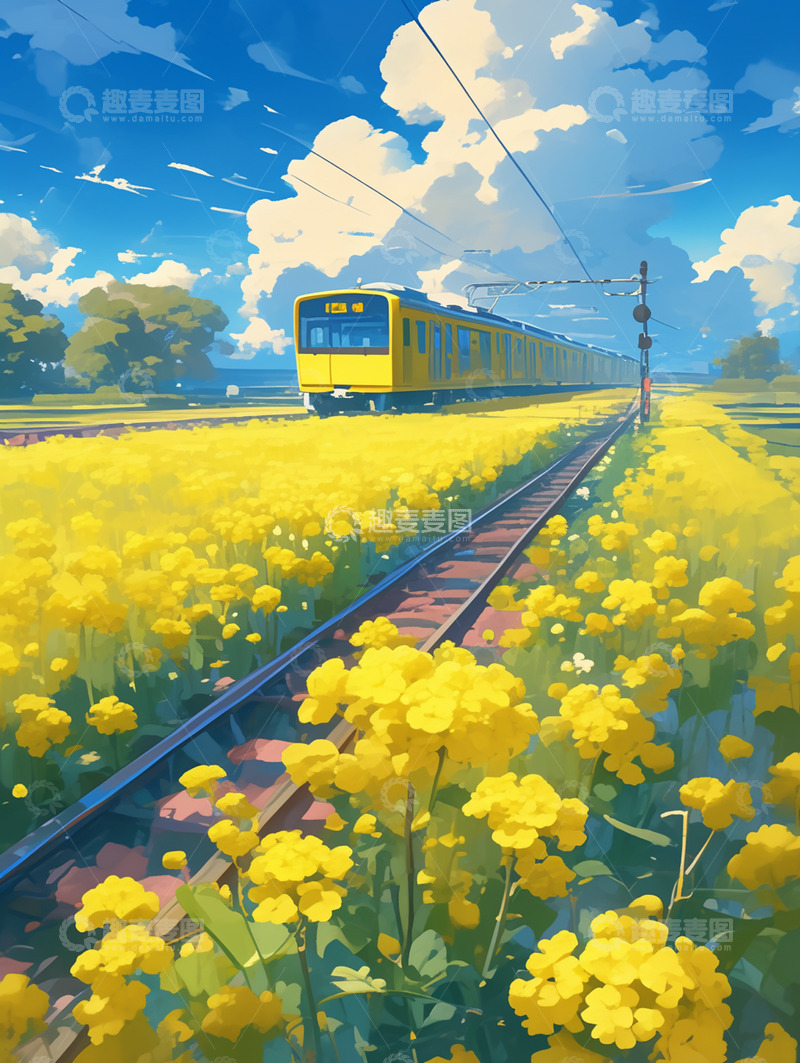 高清大图下载【趣麦麦图】卡通油菜花和火车