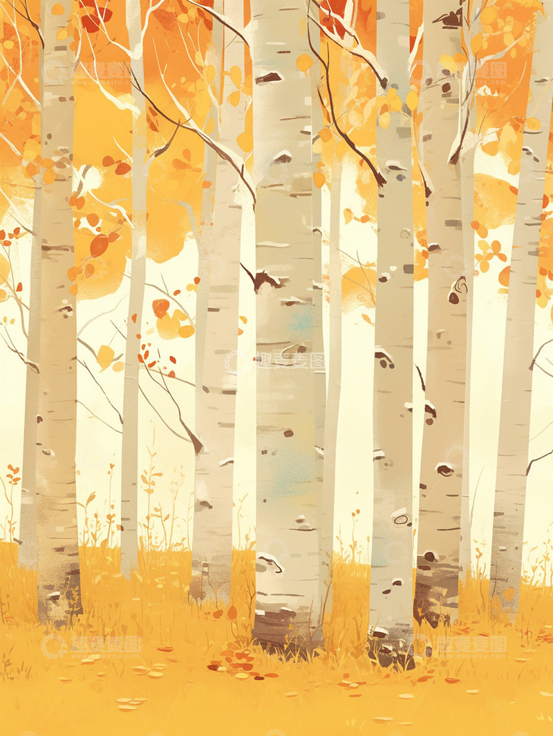 高清大图下载【趣麦麦图】卡通秋日白桦林插图