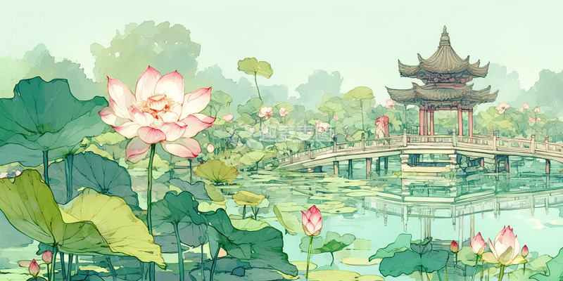 高清大图下载【趣麦麦图】古风水墨建筑荷花背景