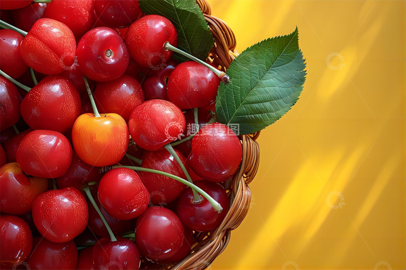 高清大图下载【趣麦麦图】新鲜车厘子樱桃实拍摄影素材黄色光影背景