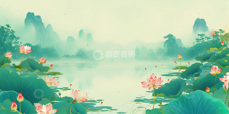 高清大图下载【趣麦麦图】绿色清新水墨荷花插画