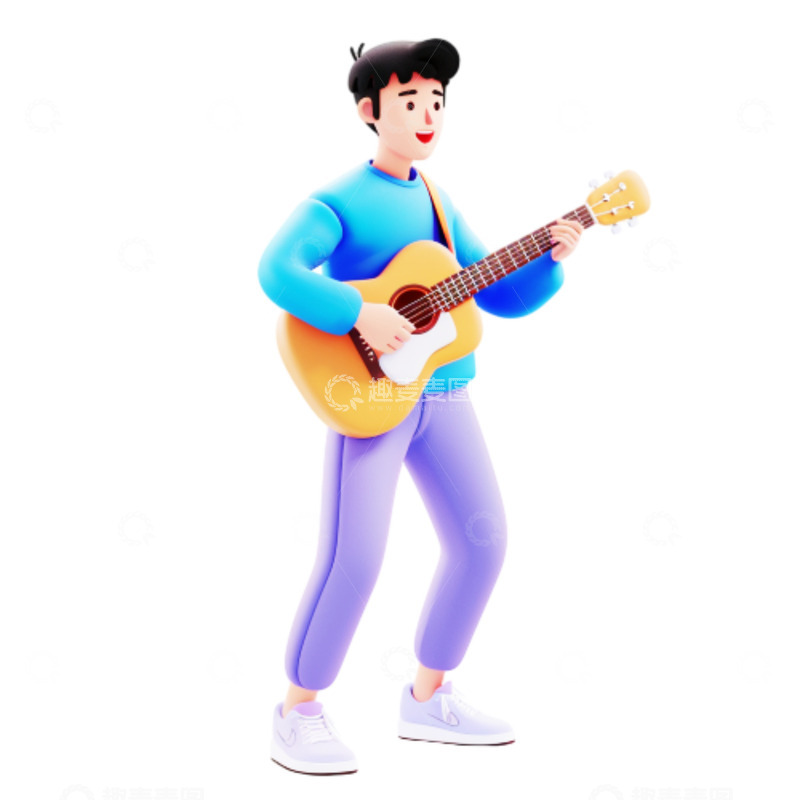 高清大图下载【趣麦麦图】卡通蓝色衣服吉他男孩