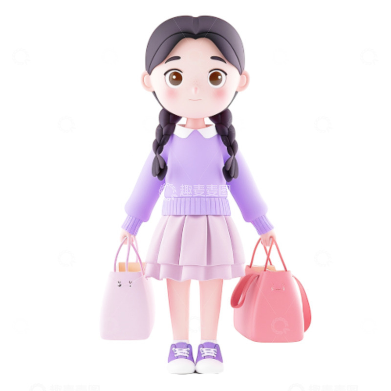 高清大图下载【趣麦麦图】卡通购物双马尾女孩