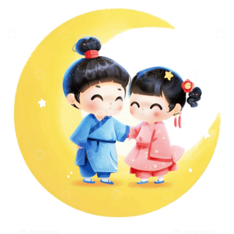 高清大图下载【趣麦麦图】卡通月亮上的牛郎织女