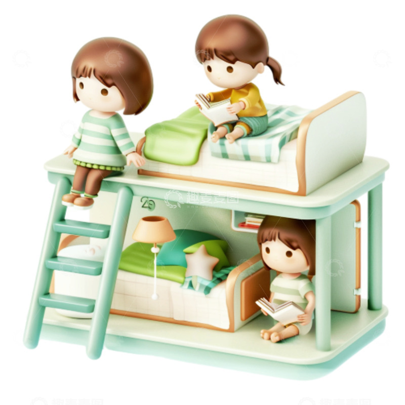 高清大图下载【趣麦麦图】卡通上下床阅读女孩