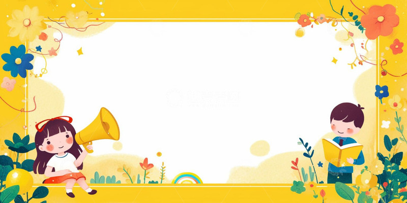 高清大图下载【趣麦麦图】卡通学习人物花草黄色边框