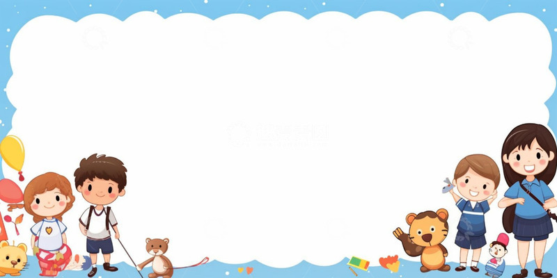 高清大图下载【趣麦麦图】开学季卡通人物蓝色边框