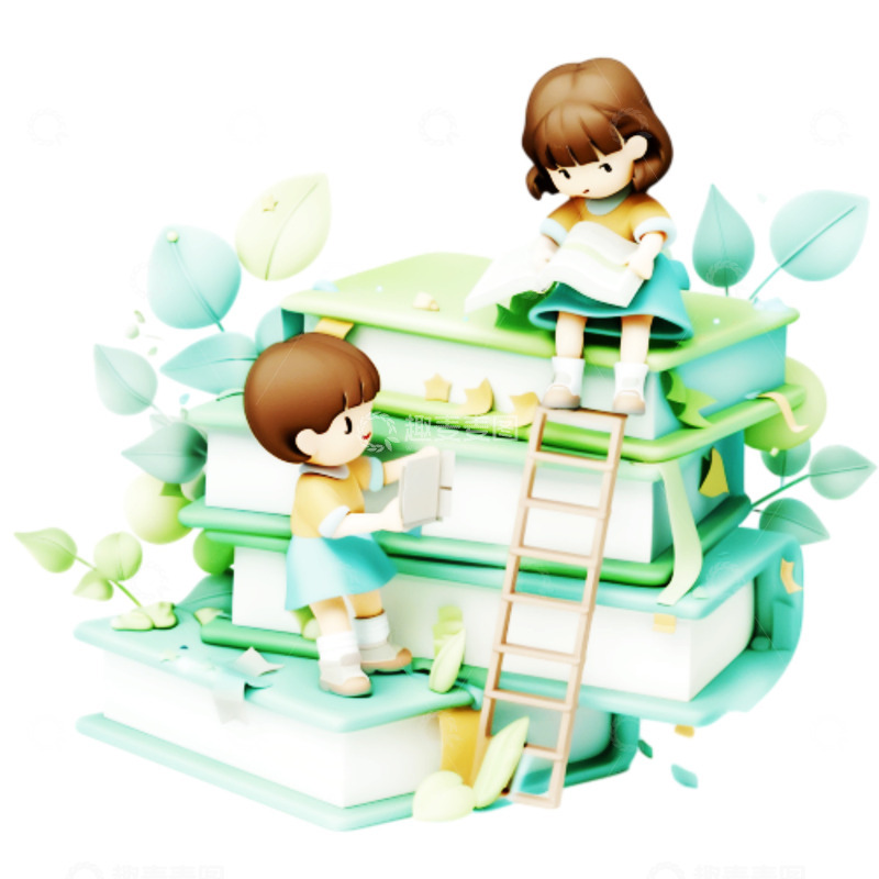 高清大图下载【趣麦麦图】卡通绿色书本学习人物