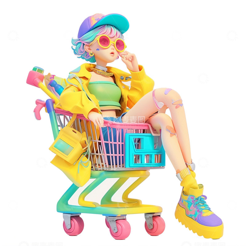 高清大图下载【趣麦麦图】3D立体彩色购物女孩