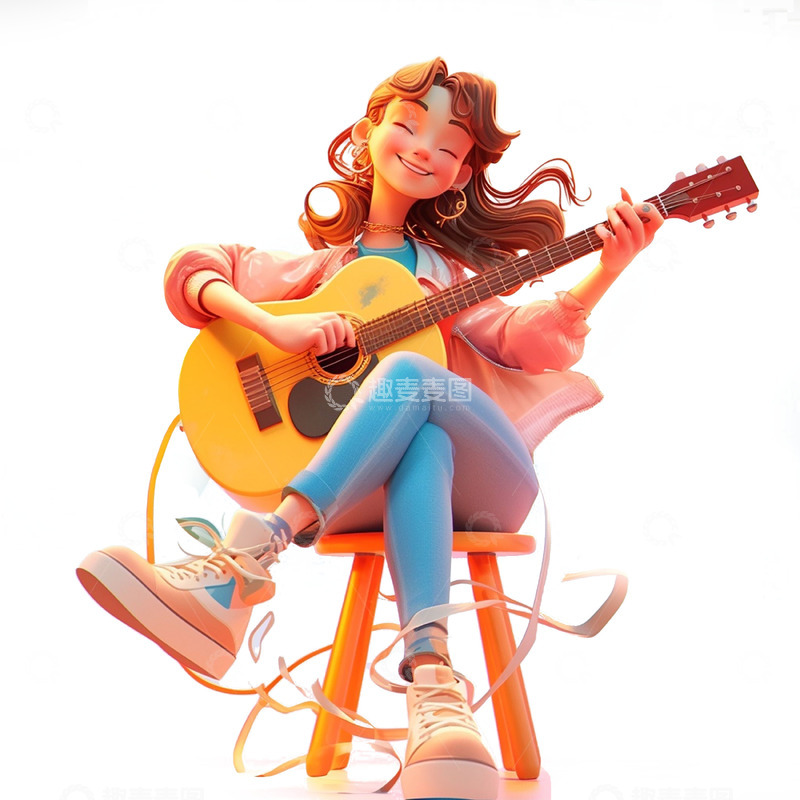 高清大图下载【趣麦麦图】卡通培训班吉他女孩
