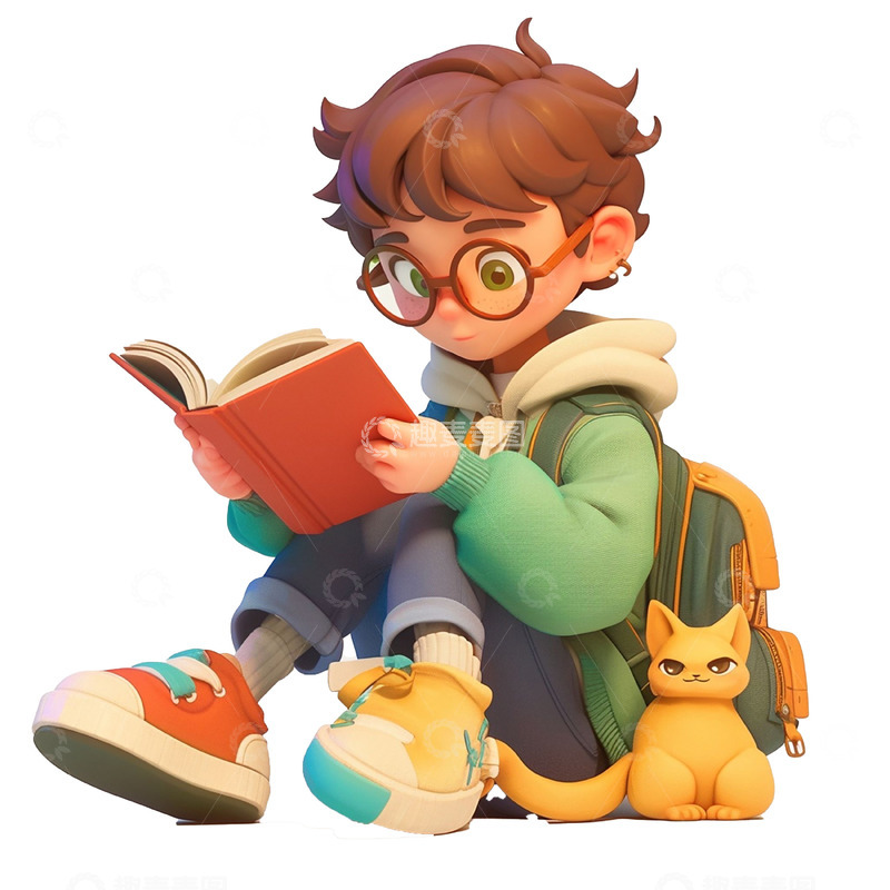 高清大图下载【趣麦麦图】3D卡通阅读男孩