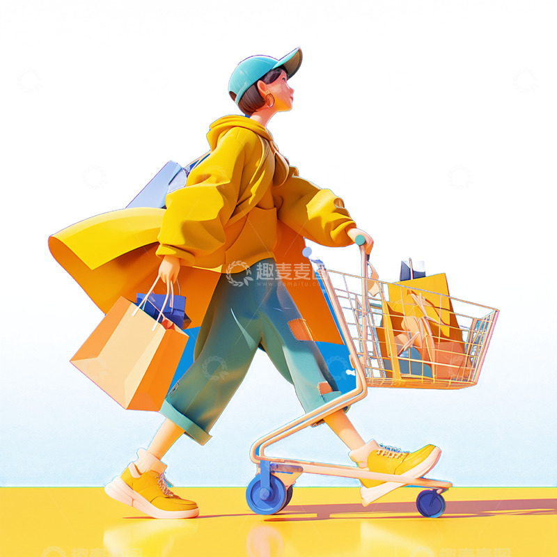 高清大图下载【趣麦麦图】卡通黄色衣服购物人物