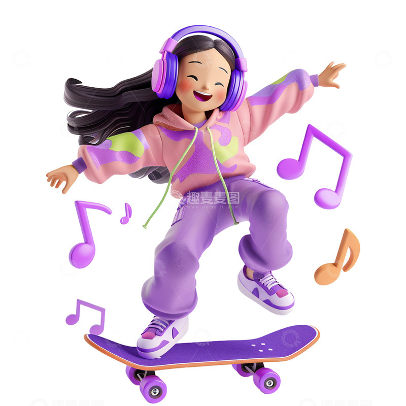 高清大图下载【趣麦麦图】卡通紫色音乐滑板女孩