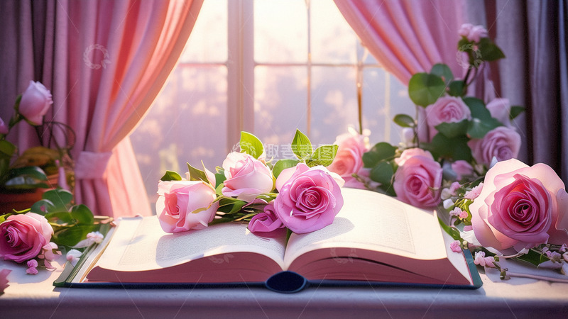 高清大图下载【趣麦麦图】花朵背景粉丝玫瑰翻开的书籍