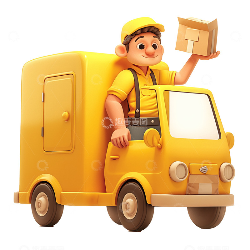 高清大图下载【趣麦麦图】开着快递车的黄色快递员