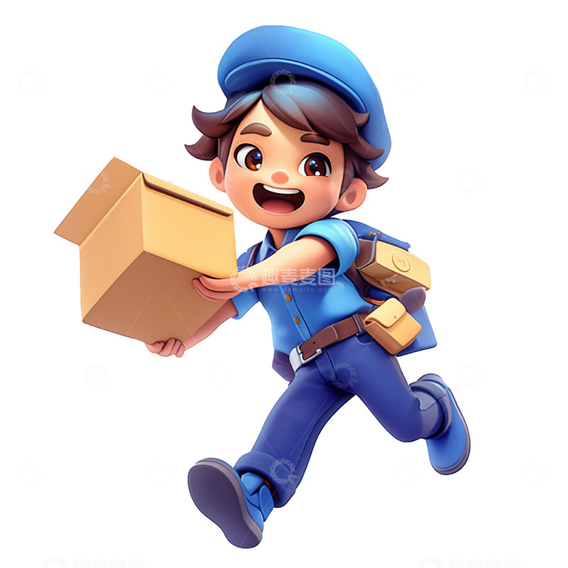 高清大图下载【趣麦麦图】卡通蓝色纸箱快递人物