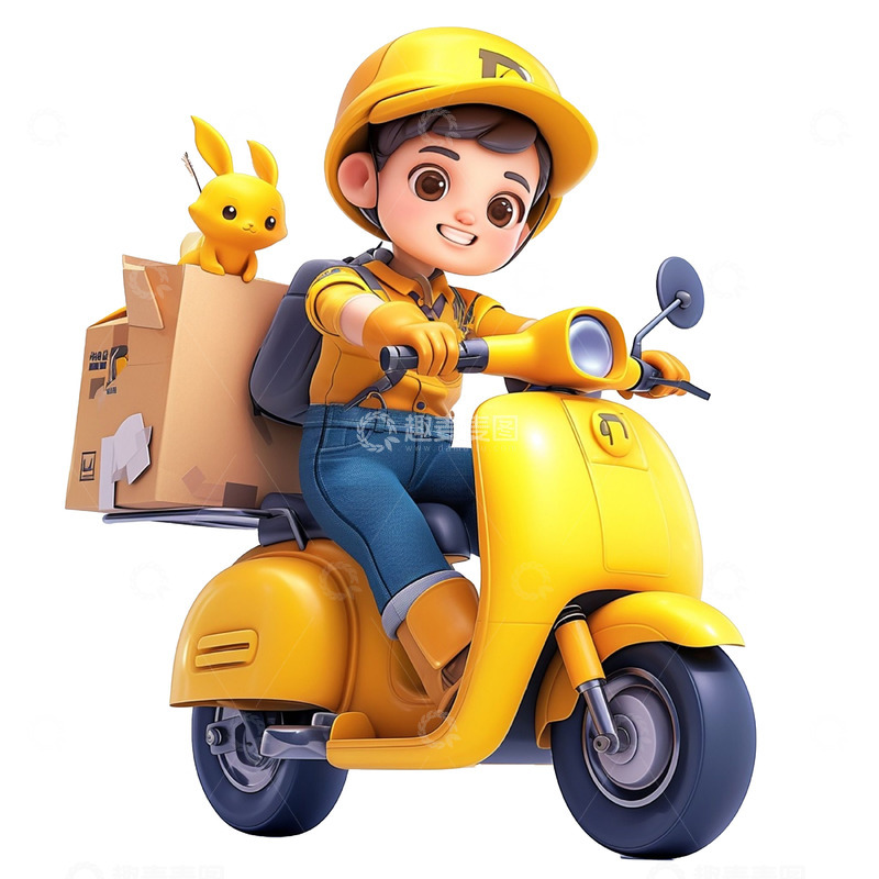 高清大图下载【趣麦麦图】卡通黄色电动车外卖员