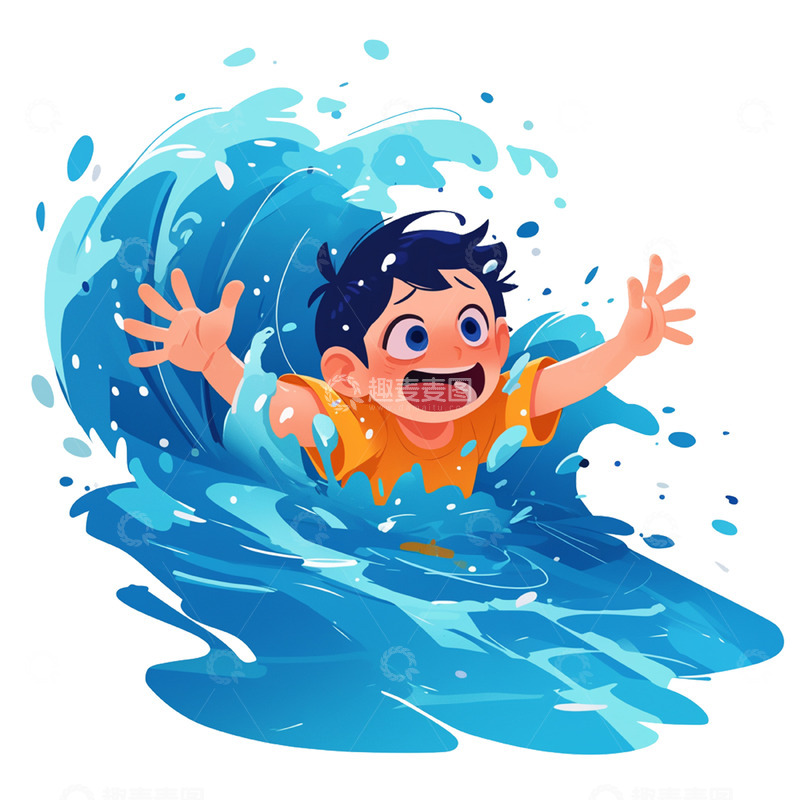 高清大图下载【趣麦麦图】卡通暑期游泳预防溺水求救男孩