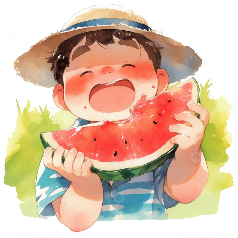 高清大图下载【趣麦麦图】卡通阳光草帽西瓜人物