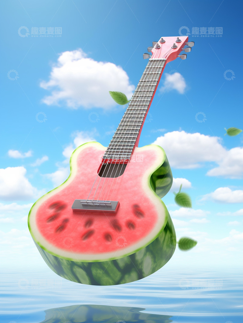 高清大图下载【趣麦麦图】夏日蓝天创意吉他西瓜背景
