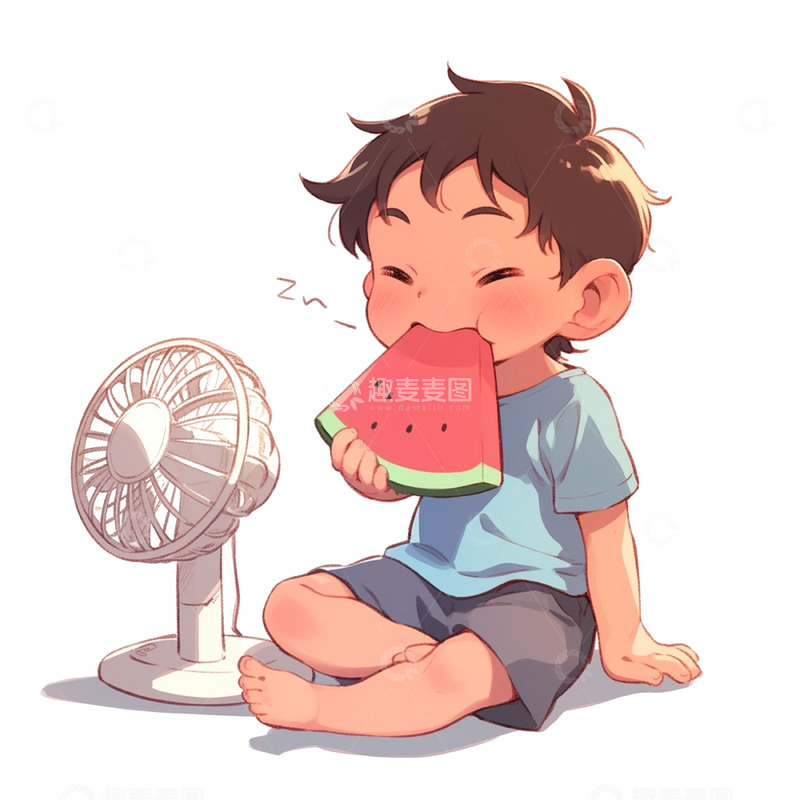 卡通夏日吹风扇吃西瓜的男孩