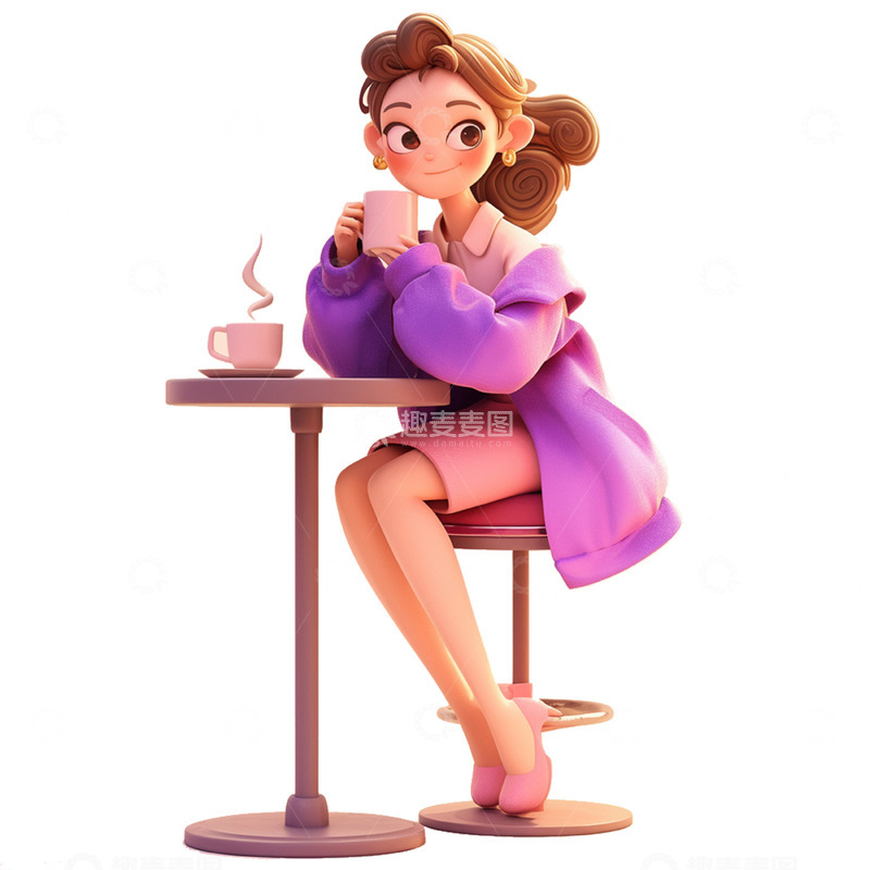 高清大图下载【趣麦麦图】卡通3D阳光喝咖啡女孩